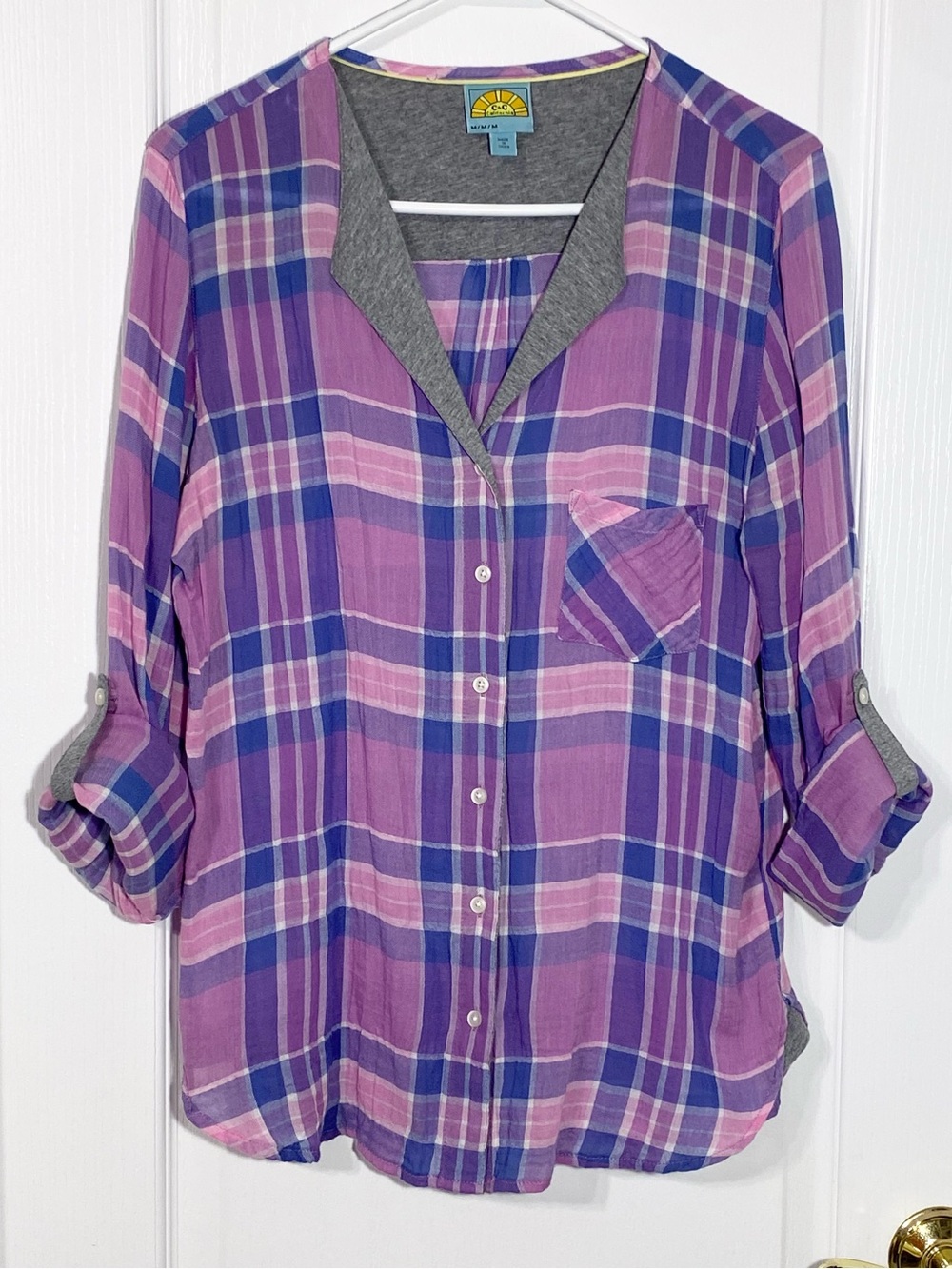 C&C California Plaid Roll Tab Sleeve Button Front Shirt Purple Blue Size Medium